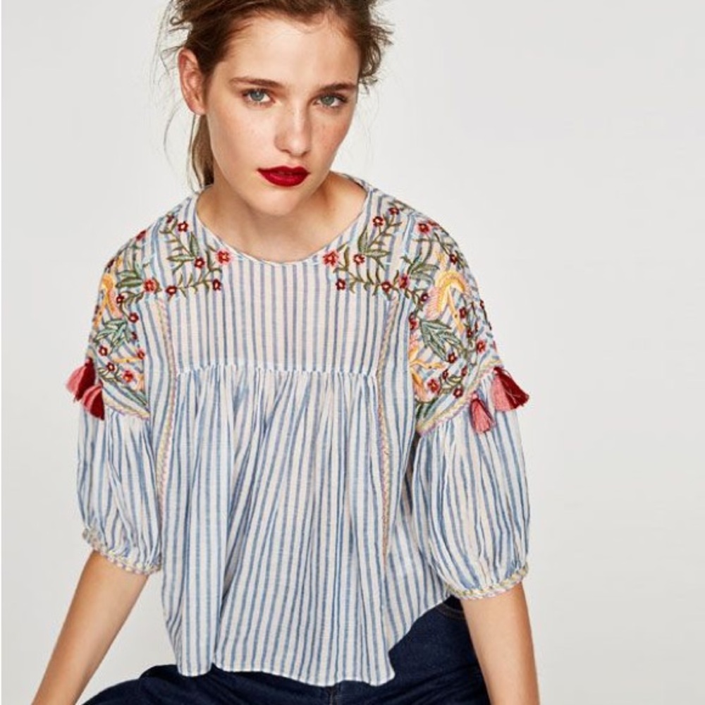Lulumari Blue and White Puff Sleeve Blouse with Bib Collar